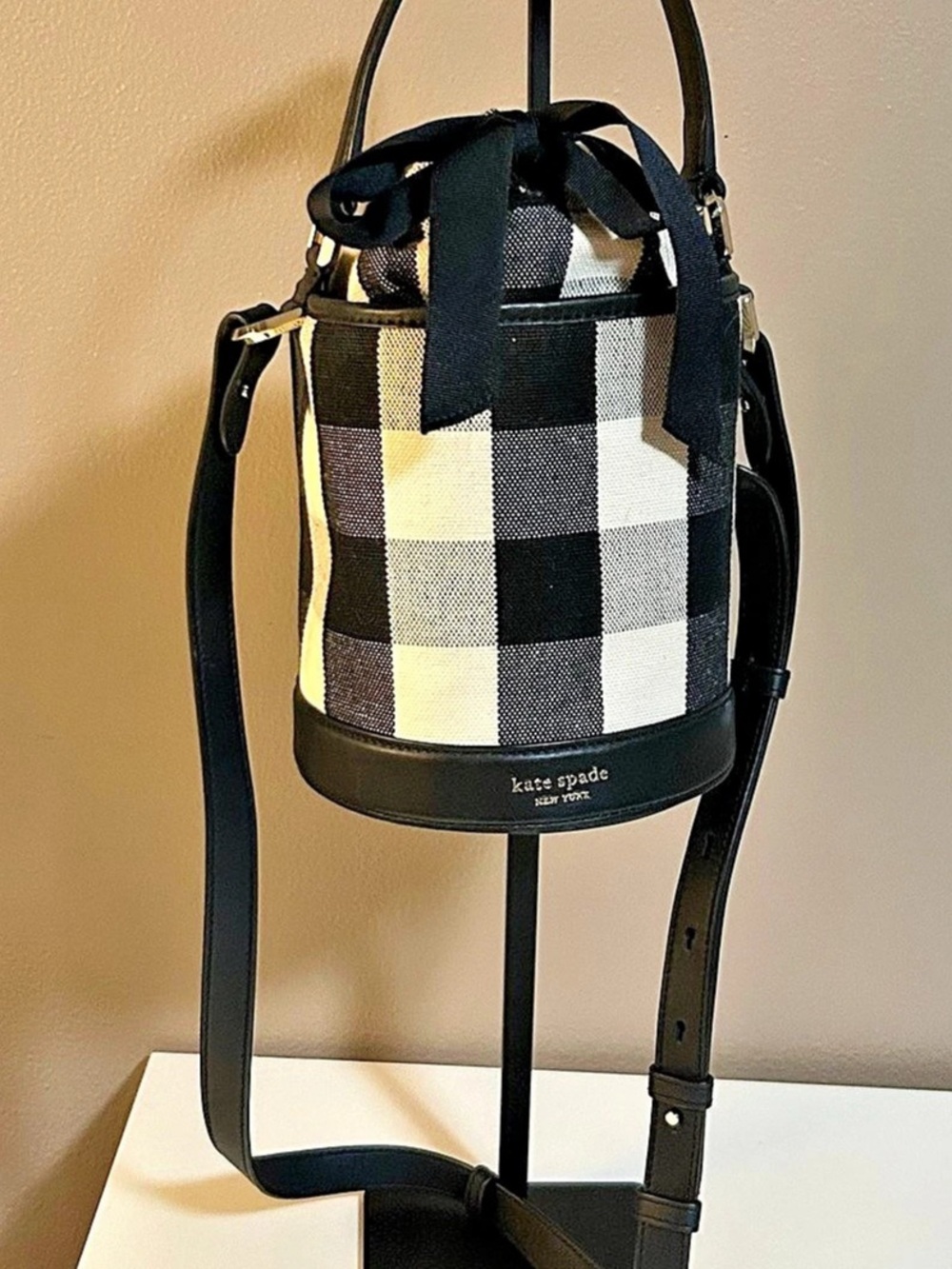 Kate Spade Gingham Picnic Small Bucket Bag Black White Buffalo Plaid Adjustable